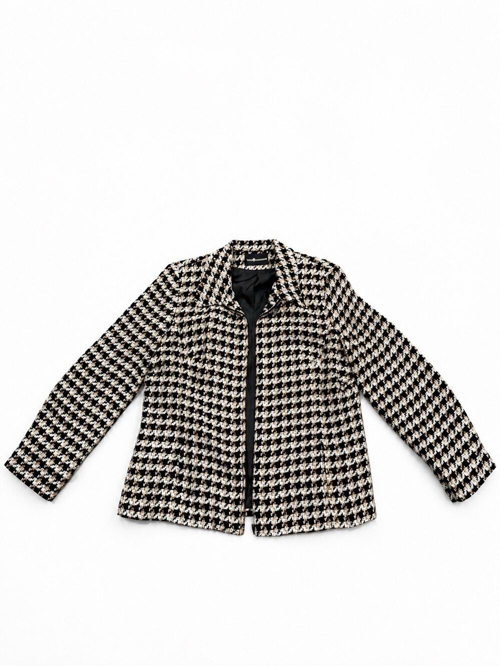 Sag Harbor Women’s Large Houndstooth Zip Front Jacket Black White Tan Career L